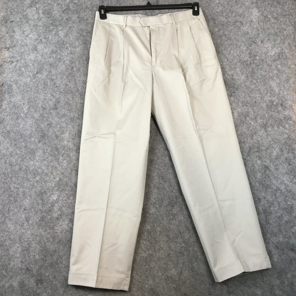 Izod Dress Pants 33x30 Chino The Fulton Non Iron Khaki Double Pleat Cuffed Mens